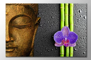 LARGE GOLD CALM BUDDHA MAUVE FLOWER BAMBOO ZEN CANVAS WALL ART PRINT PICTURE NEW - Picture 1 of 1