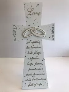 Croce in legno matrimonio 12" da appendere o supporti bianca con stampa oro (LOVE) con anelli -Nuova - Foto 1 di 9