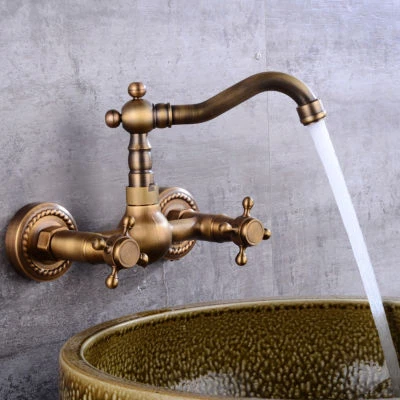 360 Swivel Antique Brass Bathroom Basin Sink Mixer Faucet Dual Handle Wall Mount - Image 1 of 4