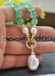 Z10123 19" Round Green Jade White Keshi Pearl Necklace Pendant CZ