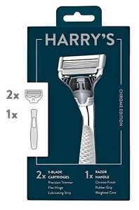 Harry's 5-Blade Men's Razor 1 Razor Handle 2 Razor Blade Refills Chrome Handle - Picture 1 of 3