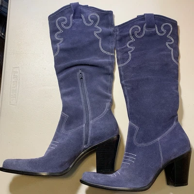 Via Spiga All Leather Blue Suede Cowboy Western Zip Block Heel Boots Womens 7.5M - Image 1 of 4