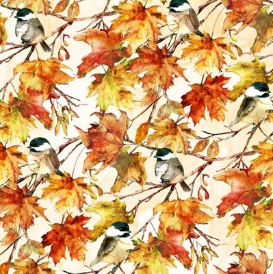 Northcott - Autumn Breeze - Birds And Leaves - Cream/Multi, Fabric BTY - Image 1 of 4