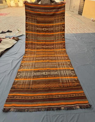 Kilim tribal afgano cálido 4x10 - diseño nómada a rayas marrón y naranja con fino Foto 1 de 4