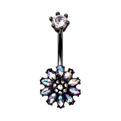 Black PVD Plated Aurora Borealis Flower Navel Ring - Image 1 of 3