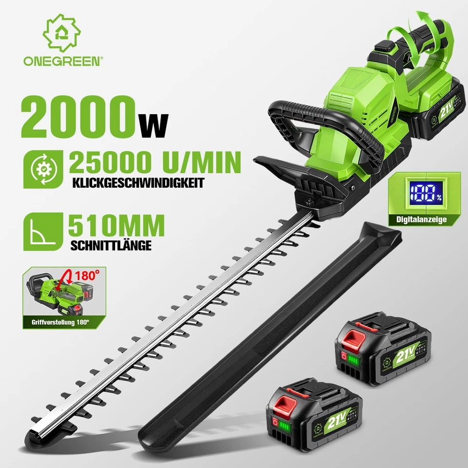 ONEGREEN 2000W Akku Heckenschere Heckentrimmer Strauchschere mit 0/2 Akkus Für Makita 18V