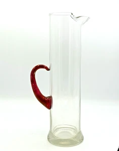 MCM Tankard Glass Pitcher with Applied Burgundy Reeded Handle 13" - Picture 1 of 11