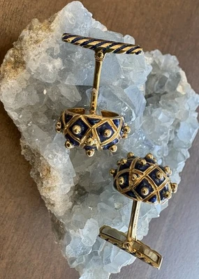 Gemelos de diseñador David Webb esmalte azul oro amarillo 18k Foto 1 de 3