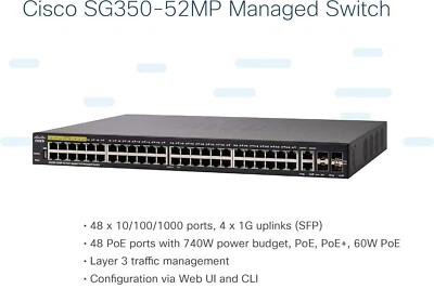 Cisco SG350-52MP-K9 52-Port L2/L3 Gigabit PoE+ Managed Network Switch 1U Black - Image 1 of 4