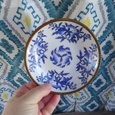 Vintage Asian Chinoiserie Small Blue White Porcelain Brass Bottom Bowl