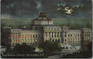 Vintage 1910 Washington DC Postcard CONGRESSIONAL LIBRARY Night View / Full Moon - Imagen 1 de 2
