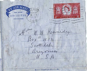 Gran Bretaña 1955 QE2 correo aéreo programa de papelería postal H&G Belham a AZ EE. UU. - Imagen 1 de 3