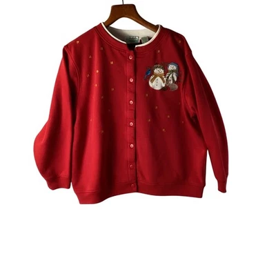 Cárdigan Suéter Shenanigans Rojo Muñeco de Nieve Pájaro Bordado Botón 1X Navidad Foto 1 de 4