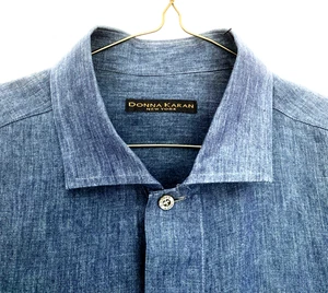 MEN'S DONNA KARAN NEW YORK DKNY Italian 100% Linen Grey/Blue Shirt Small - Picture 1 of 8