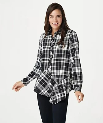 Blusa túnica SUSAN GRAVER blanca y negra acampanada a cuadros línea A talla grande 1X Foto 1 de 4