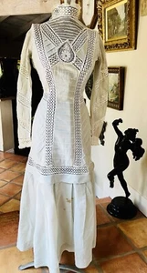Authentic Antique Edwardian Blue Cotton Lace Day Tea Dress Sz Sm - Picture 1 of 11