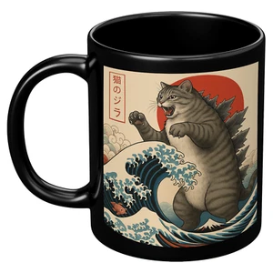 Tazza caffè gatto Godzilla grande onda stile Ukiyo-e divertente regalo gatto per nerd artistici - Foto 1 di 9