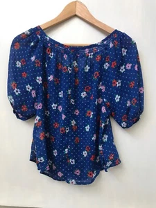 Hollister Womens XS Cropped Sheer Blouse Tie V Neck Blue Floral Polka Dots - Picture 1 of 3