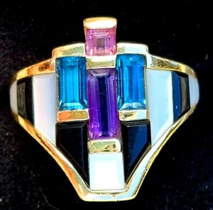 Kabana 14k Gold Topaz Onyx Amethyst Mother Of Pearl Ring-Estate Jewelry-9.2g - Picture 1 of 12