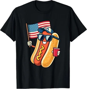 4th of July Hotdog Funny Fourth of July Patriotic USA Flag T-Shirt - Picture 1 of 2
