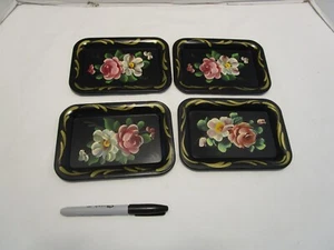 Vintage Set 4 Mini Metall Toleware Tip Tabletts Floral Rosen handbemalt Dose 50er - Bild 1 von 15