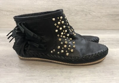 Zara Women's Black Leather Studded Ankle Boots 7.5 Moccasin Fringe Boho Festival - Image 1 of 4