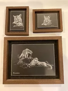 Set of 3 Wildlife Miniatures by Ken Smith Cougars Prints From Scatchboard 1978 - Picture 1 of 8