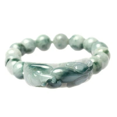 Brazalete de identificación con cuentas de 10 mm barra curva de jadeíta Lucky Pixiu grado A natural Foto 1 de 4