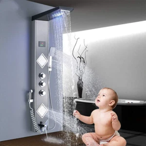5 funciones LED Panel de ducha Ducha de lluvia Hidromasaje Acero inoxidable LCD - Imagen 1 de 94