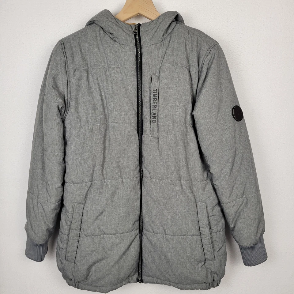 Casaco de inverno Timberland feminino com capuz acolchoado XL 18/20 cinza com zíper quente - Imagem 1 de 4