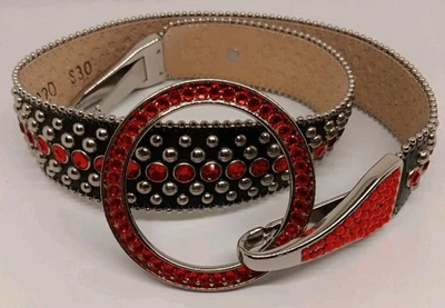Cinturón BB Simon cristales rojos Swarovski. Herrajes de cuero, plata 30" Foto 1 de 4
