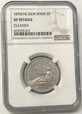 1870(74) DEM Spain 2P 10g .835 Silver 2 Pesetas - NGC XF Details Cleaned - Image 1 of 4