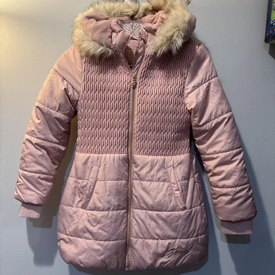 Guess Girls Lined Puffer Warm Long Coat Pink Faux Fur Lined Logo Hood Sz M 10-12 - Image 1 of 4