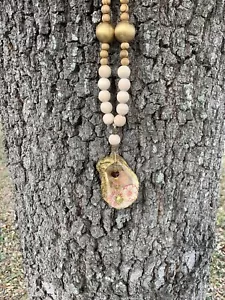 Gold Painted Oyster Shell Necklace With Japanese Floral Fabric And Wood Beads - Picture 1 of 6