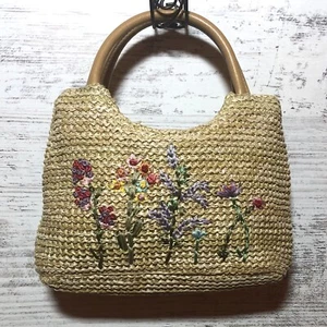 Vintage Natural Woven Purse Embroidered Flowers Hand Bag Satchel - Picture 1 of 12