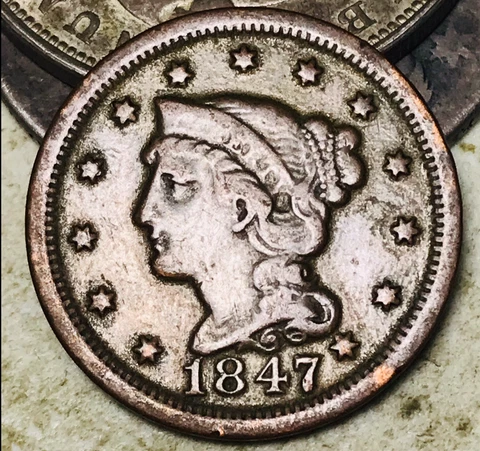 1847 Large Cent Matron Braided Hair 1C Ungraded Detail US Copper Coin CC18764 Cover