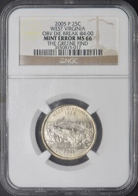 2005-P West Virginia 25C Obv Die Break @4:00 NGC MS66 Greene Find - ✪COINGIANTS✪ - Image 1 of 2