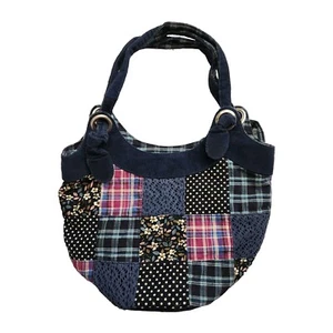 Chateau Women's Shoulder Bag Purse Navy Patchwork Fabric Corduroy Plaid - Picture 1 of 10