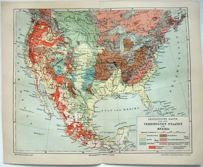 USA & Mexico - Original 1908 Geological Map by Meyers. German Language Map - Image 1 of 3