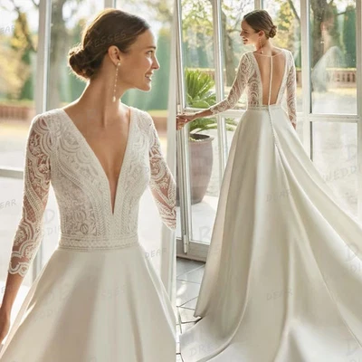 Elegant Wedding Dresses Sexy V Neck Long Sleeve Backless Bridal Gown Sweep Train - Image 1 of 4