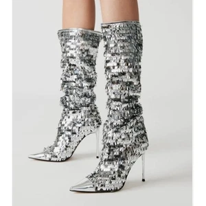 Steve Madden Womens Silver Sequin Knee High Slouch Stiletto Boots Disco Sz 9M - Picture 1 of 9