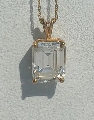 14K Gold 3.5 Carat Clear Natural White Topaz Emerald Cut Stone Pendant Necklace - Image 1 of 4