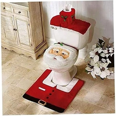Juegos de baño de Navidad, 3 piezas/juego de funda de asiento de inodoro de Santa con cubierta de tapa de tanque Foto 1 de 4
