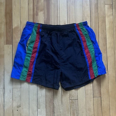 Vintage 90s Nylon Swim Trunks Shorts Black Multicolor Stripes Men Sz - XXL - Image 1 of 4