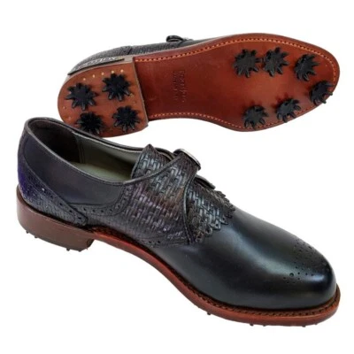 Footjoy Premiere 经典高尔夫鞋男式 8 A 牛皮黑寡妇编织 19634 — 第 1/4 张图片