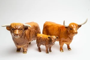 Beswick Highland Cattle Family Bull, Cow (Restored left horn) & a Calf - Picture 1 of 12