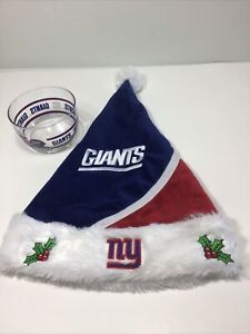 NY Giants Christmas Santa Hat NFL Pom Pom Embroidered Holly. Glass Candy Bowl
