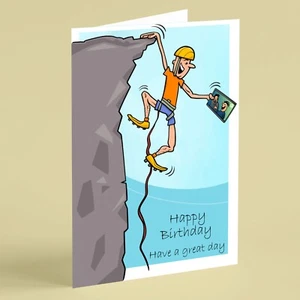 Rock climber talking on tablet birthday card suitable for husband brother friend - Picture 1 of 1