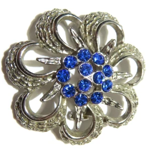 Vintage Silver Tone Flower Pin Brooch Blue Rhinestone 1.5" - Picture 1 of 6