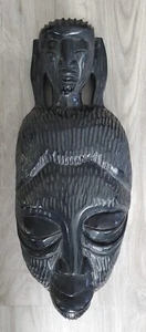 16" Tall Carved 2 Faces Heads African Tribal Hardwood Mask In Black - Picture 1 of 7